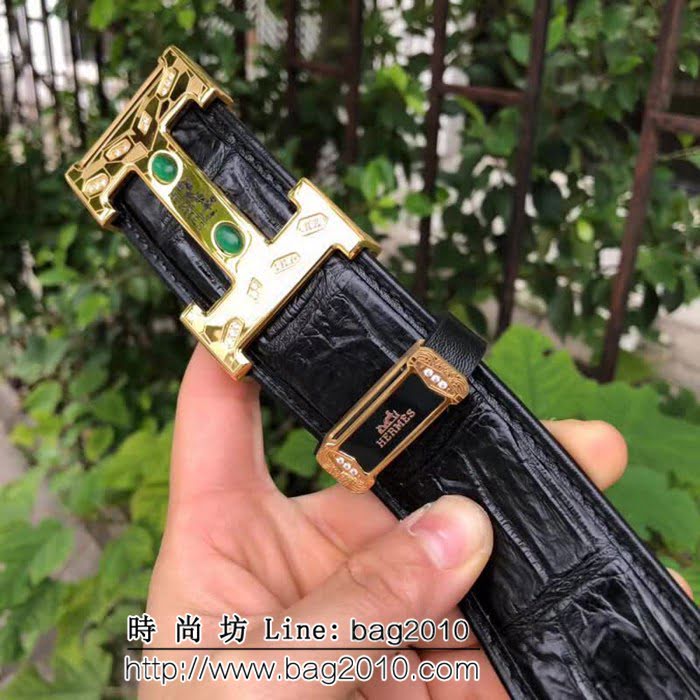 愛馬仕HERMES 純手工無拼接美洲鱷魚肚皮 奢華鑲鑽貓眼石鋼扣高端男士皮帶 HHG1522